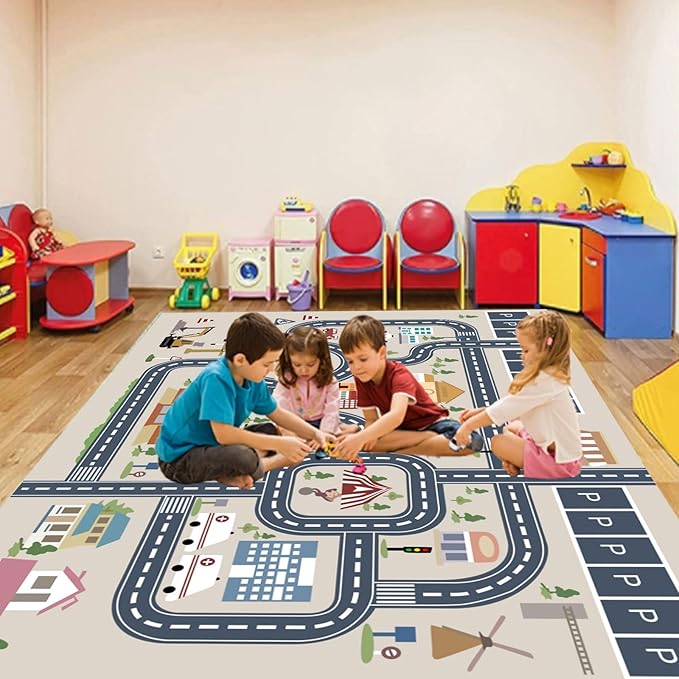kid rug carpet playmat for toy cars and trains,road traffic kids play area rug,city Life town play Mat for Playroom Bedroom Boys,Children's Educational Fun Throw Rug with Rubber Backing 31X63IN