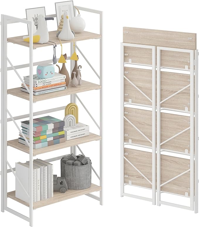 JSB No Assembly Folding Bookshelf, 4 Tier Industrial Metal Book Shelf for Storage, Vintage Wood foldable Bookcase for Living Room, Bedroom, Office Organization Shelves