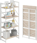 JSB No Assembly Folding Bookshelf, 4 Tier Industrial Metal Book Shelf for Storage, Vintage Wood foldable Bookcase for Living Room, Bedroom, Office Organization Shelves