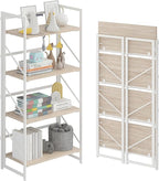 JSB No Assembly Folding Bookshelf, 4 Tier Industrial Metal Book Shelf for Storage, Vintage Wood foldable Bookcase for Living Room, Bedroom, Office Organization Shelves