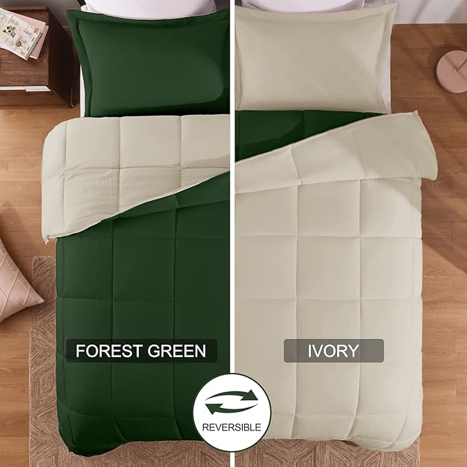 Basic Beyond King Size Comforter Set - Fluffy King Bed Comforter Set for All Seasons - Reversible Forest Green King Size Comforter Set - 3 Pieces (1 Comforter + 2 Pillow Shams) - Forest Green/Ivory