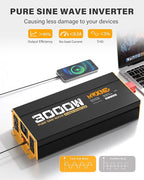 3000W Pure Sine Wave Inverter 12V DC to 110V 120V AC Converter for RV Truck Home Off-Grid Solar Power Inverter with Type-C PD30W/USB Port QC3.0 Quick Charging, 4 AC Outlets, Remote Control