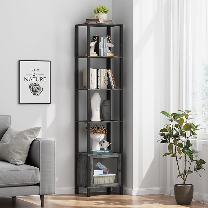 TUTOTAK 6 Tier Bookcase and Bookshelf, Narrow Book shelf with Door for Small Space, for Living Room, Office, Study, Entryway, Charcoal Grey BS03BY006