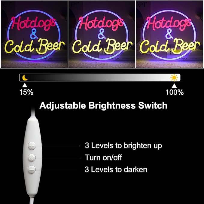 Hot Dogs and Cold Beer Neon Sign for Wall Decor Dimmable Bar Neon Light Sign Colorful LED Neon Signs Beer Neon Light Wall Art LED Sign for Bar Restaurant Shop Food Court Party Decor