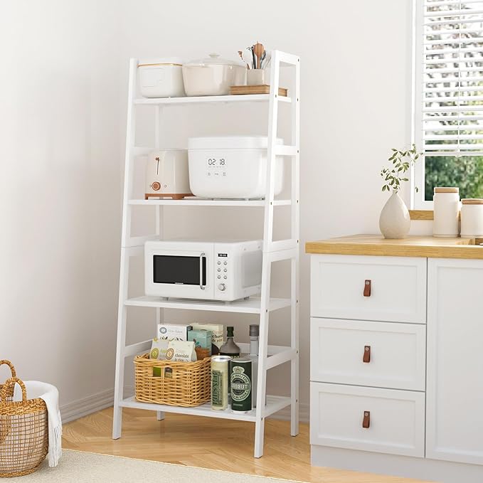 4-Tier Bamboo Bookshelf Ladder Shelf Book Shelf Bookcase Freestanding Storage Rack Plant Stand for Bedroom, Living Room, Bathroom, Small Space, Light white