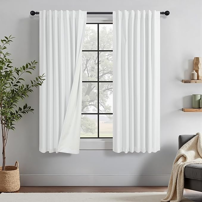 Blackout Curtains 68 Inches Long 2 Panel Thermal UV Heat Blocking White Linen Textured Black Out Drape for Nursery Bedroom Living Room Energy Saving Noise Reducing Boho Farmhouse Vintage 68 Length
