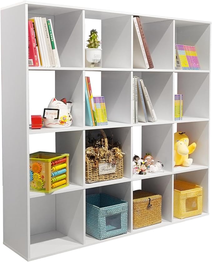 PACHIRA E-Commerce US Toy Storage Shelf, 16-Cube White Wooden Storage Organizer Bookcase Fits 11“x11”x11“ Storage Bin, Bookshelf System Display Compartments, Sturdy Room Cube
