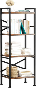 4 Tier Book Shelf, Small Bookshelf Storage Organizer, Tall Narrow Bookcase with Storage Shelves, Wooden Industrial Office Shelves for Bedroom, Living Room, Rustic Brown