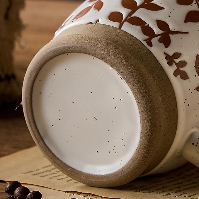 18 Oz Large Ceramic Coffee Mug Set of 2 - Rustic Handmade Floral Mugs with Handle, Microwave Safe for Latte Espresso Cappuccino Tea Cocoa Milk, Modern Unique Big Cups for Kitchen Women(Caramel Brown)