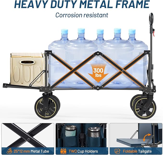 Timber Ridge 49" Extra Long Collapsible Folding Wagon with Tailgate and Brakes, 300lbs Heavy Duty Foldable Wagon with Adjustable Handle, 250L Capacity Portable Cart for Outdoor Camping Sports, Blue