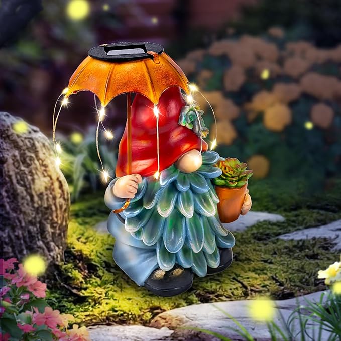 Solar Outdoor Statues Gnome Garden Decor, Garden Gnome with Solar LED Umbrella Decorative for Patio, Balcony, Lawn, Yard Ornament - Unique Gardening Gifts for Mom Grandma