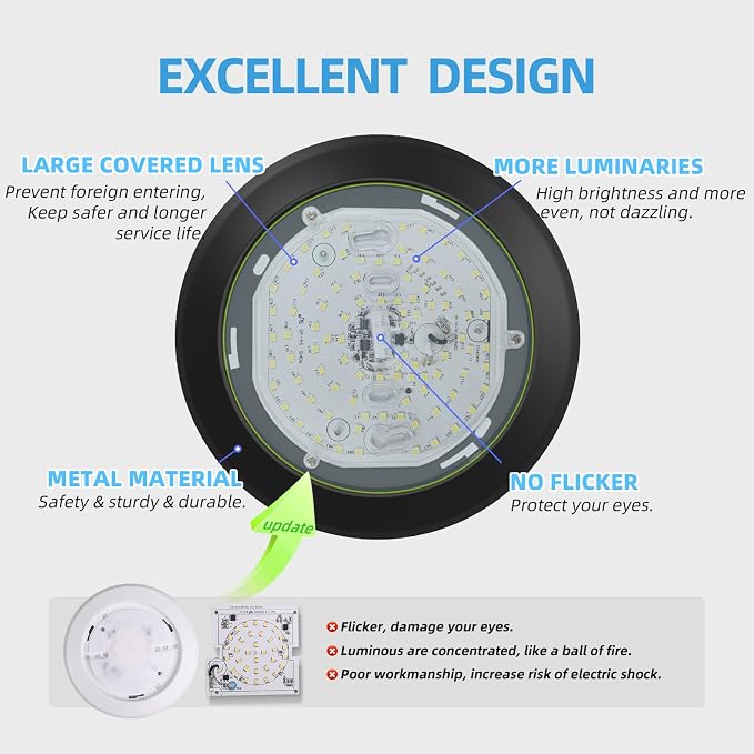 ECOELER 6 Inch LED Disk Lights, Dimmable Surface Mount/Recessed Ceiling Downlight, 16.5W 1100Lm 5000K Daylight, Retrofit Disc Ceiling Light for Stairwell, Basement, Garage, ETL Listed, Black, 6 Pack
