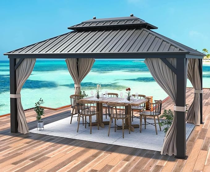 MELLCOM 10'x13' Hardtop Gazebo, Galvanized Steel Double Roof Metal Canopy with Aluminum Frame, Brown Permanent Patio Gazebos with Curtains and Netting for Patios, Gardens, Lawns