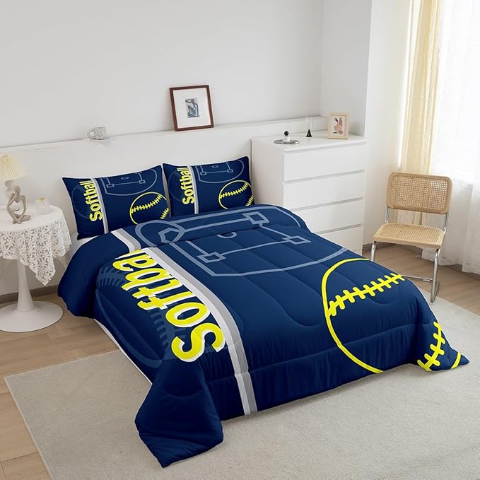 Feelyou Kids Softball Comforter Set Queen Size Sports Game Bedding Set for Boys Girls Teens Bedroom Decor Baseball Comforter Women Men Softball Gaming Duvet Set with 2 Pillow Case