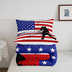 Erosebridal American Flag Comforter Set King, Hockey Bedding Set United States Sports Games Down Comforter for Kids Boys Teens Bedroom, Red White Geometric Stripes Duvet Sets with 2 Pillowcases