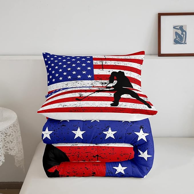 Erosebridal American Flag Comforter Set Queen, Hockey Bedding Set United States Sports Games Down Comforter for Kids Boys Teens Bedroom, Red White Geometric Stripes Duvet Sets with 2 Pillowcases