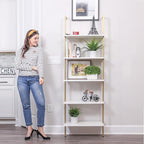 SUPERJARE Modern Ladder Shelf, 5-Tier Open Wall-Mounted Bookshelf with Stable Metal Frame, 72 Inches Storage Rack Shelves, Stand Bookcase for Home Office - White/Gold