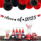 Red Black Party-Decoration Graduation Banner - 14pcs Kits Cap Garland Streamers, Paper Tissue Pom Poms Flowers Fans Honeycomb,Class Of 2025 College High School Grad Decor Hugfond