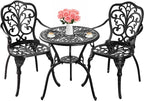 Bistro Table and Chairs Set of 2 Outdoor 3 Piece Bistro Sets Cast Aluminum Patio Bistro Set with Umbrella Hole, Patio Set for Garden, Black