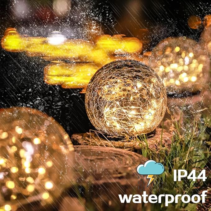 TOMEX 4 Pack Solar Garden Lights, Cracked Glass Ball Waterproof Warm White LED for Outdoor Decor Decorations Pathway Patio Yard Lawn, 4 Pack (3.9")