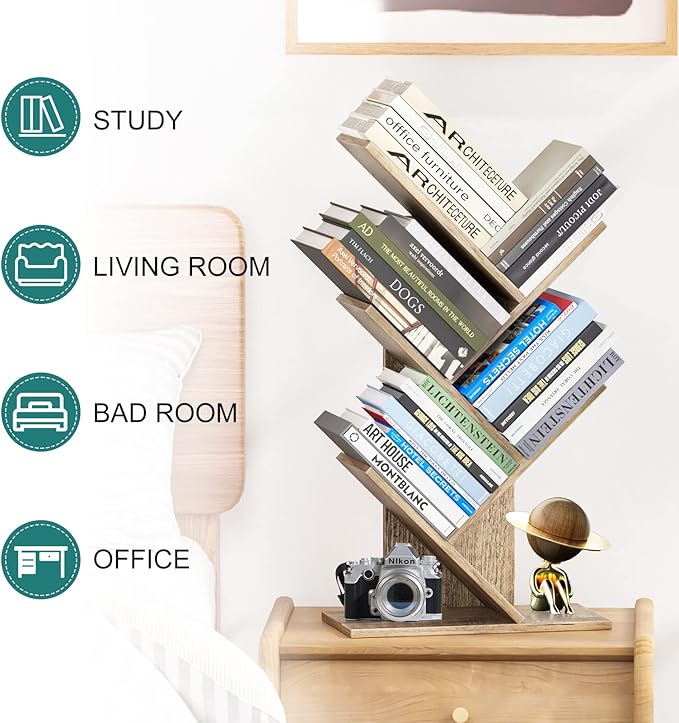 Tree Bookshelf, 5 -Tier Book Storage Organizer Shelves Floor Standing Bookcase, Wood Storage Rack for Office Home School Shelf Display for Cd/Magazine (French Oak Grey)