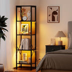 Furologee 5 Tier Book Shelf with LED Light, Tall Display Bookcase with Back, Narrow Industrial Standing Shelving Units, Metal and Wooden Storage Rack for Bedroom, Living Room, Office, Black Oak