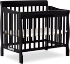Aden 4-in-1 Convertible Mini Crib In Black, Greenguard Gold Certified, Non-Toxic Finish, New Zealand Pinewood, With 3 Mattress Height Settings