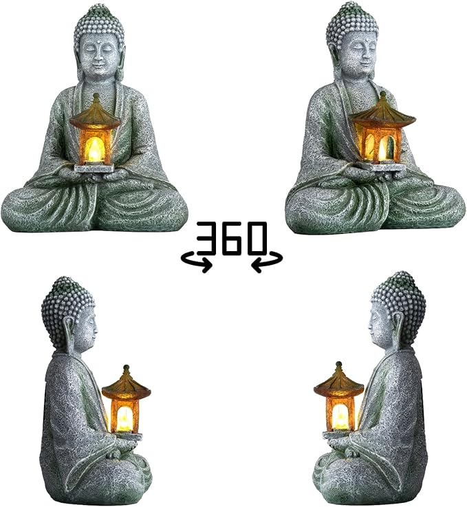 Buddha Garden Statue with Solar Light, Resin Zen Decor for Outdoor Patio or Indoor Meditation, Spiritual Gift for Women and Friends (Grey Pavilion)