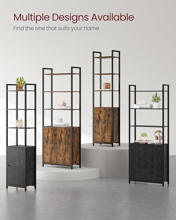 VASAGLE 6-Tier Bookshelf, Tall Bookcase with Door, Steel Frame, Adjustable Shelves, 9.4 x 15.7 x 62.8 Inches, Living Room Bedroom, Ebony Black and Ink Black ULLS132B01