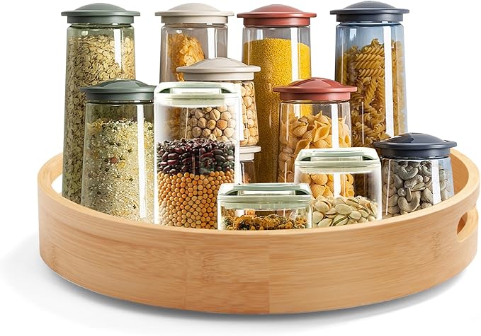 12in Bamboo Lazy Susan Organizer for Countertop and Cabinet with Large and Stable Chassis,Round Rotating Bamboo Tray for Station Organizer,for Kitchen Bathroom Laundry Room (12in)