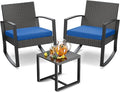 Patio Furniture Set 3 Pieces, Rattan Rocking Patio Chairs, Modern Outdoor Bistro Table and Chairs Conversation Set for Balcony Porch Garden Yard Poolside, Blue