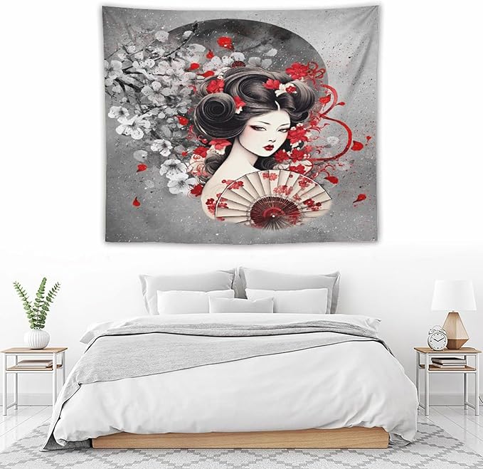 Japanese Geisha Tapestry Asian Red Cherry Blossom Red Sun Traditional Kimono Folk Tapestries Home Decor for Living Room Bedroom Apartment Farmhouse Dorm 60"x50"