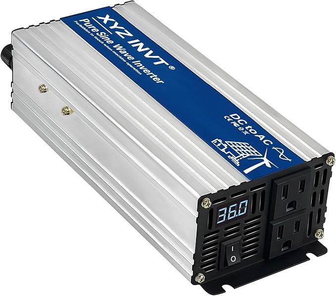 1200W Pure Sine Wave Power Inverter DC 36V to AC 110V/120V, 2400W Peak, Car/Truck Power Converter for Solar, Home, Vehicle & Rechargeable Devices with LED Display