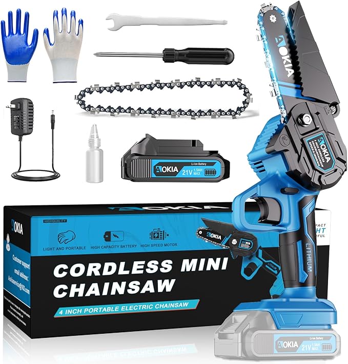 Cordless Mini Chainsaw 21V,4In Electric Chainsaw,Handheld & Portable Power Chain Saw for Tree Trimming Pruning Garden & Yard Work,Battery Chain Saw Gifts for Men Women Dad Blue