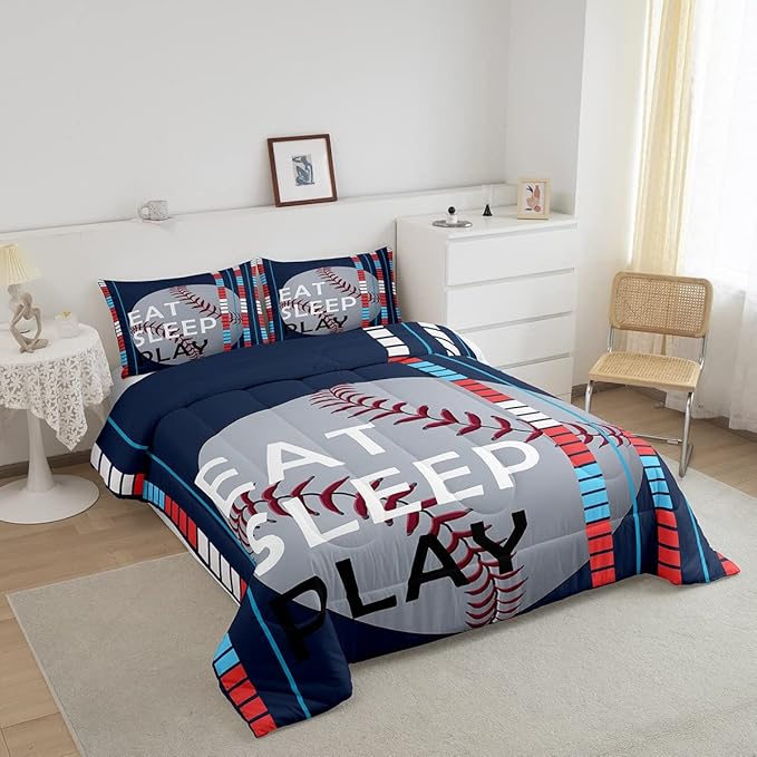Feelyou Baseball Comforter Set Sports Game Bedding Set for Boys Girls Baseball Gaming Blue Stripe Comforter Gift for Baseball Softball Lover Room Decor King Size Quilt Boys