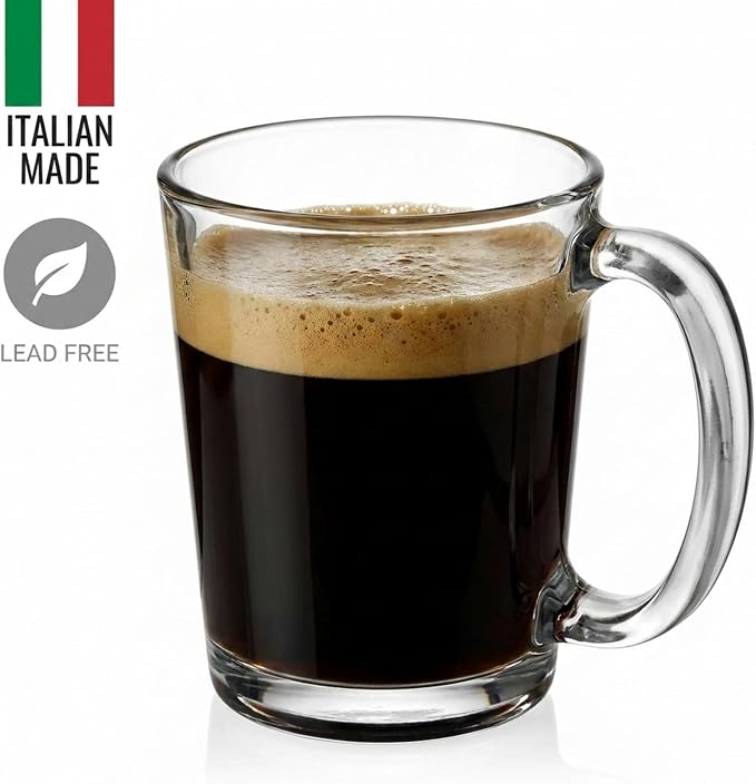 Godinger Coffee Mugs, Italian Made Glass Coffee Mug, Hot Beverage Tea Cups, Glass Cups, Drinking Glasses - 10oz., Set of 4