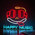 Headphone Neon Sign Dimmable Led Happy Music Neon Light for Wall Decor USB Cute Headset Figure Neon Light Sign for Music Studio Bar Live Music Party Bedroom