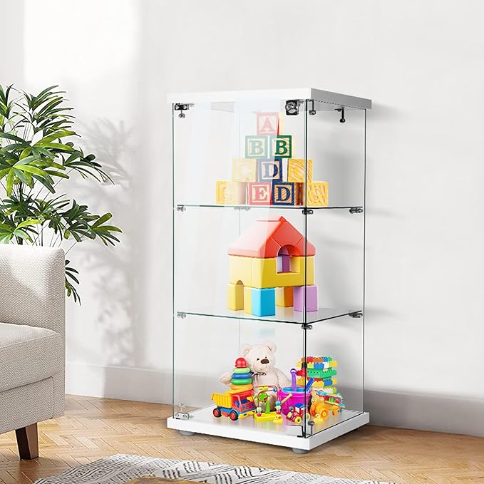 VIVOHOME 3 Layers 16''W x 16''D x 34''H Display Cabinet Showcase Countertop with Lock, 4mm Tempered Glass 25mm MDF Base