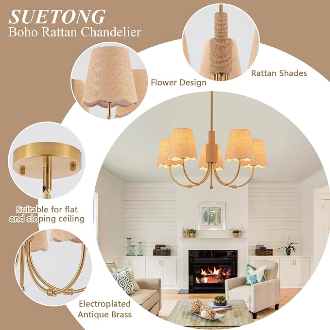 Boho Rattan Chandelier with Fabric Shade, Antique Gold Brass Farmhouse Chandeliers, 5-Lights Coastal Gold Pendant Light Fixtures for Dining Room Kitchen Island Living Room Hemp Rope