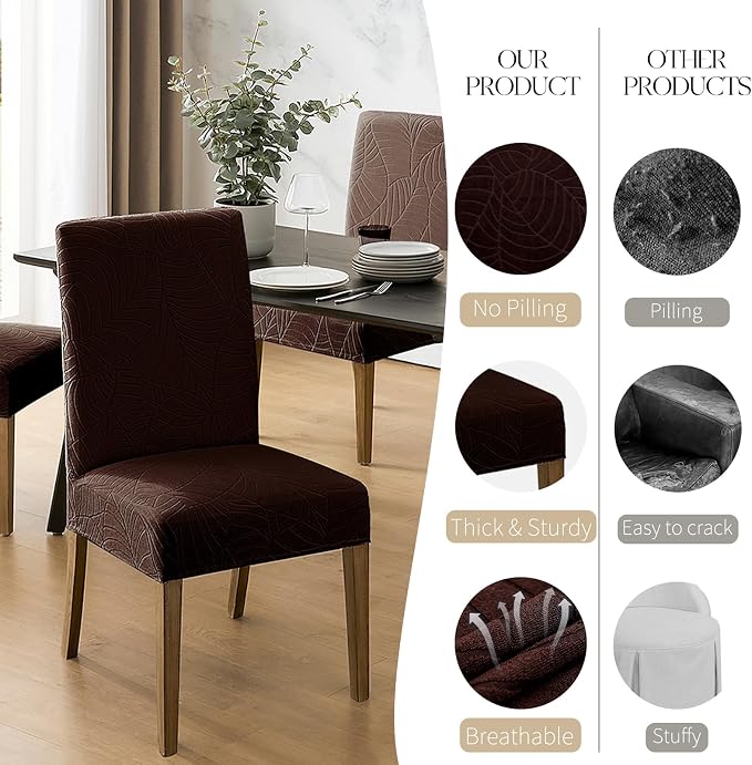 MOSAYT 100% Waterproof Dining Room Chair Covers Set of 6, Super Fit Stretch Jacquard Parson Chairs Slipcovers Removable Washable Chair Seat Protectors for Home, Kitchen, Banquet (Chocolate)