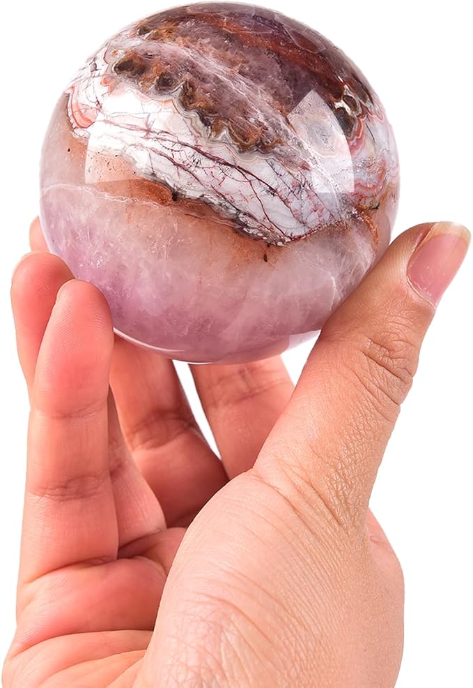 JIC Gem Amethyst Agate Crystal Ball with Wooden Stand Pink Healing Crystal Sphere Ball for Feng Shui Decor Spiritual Gifts 60-70mm