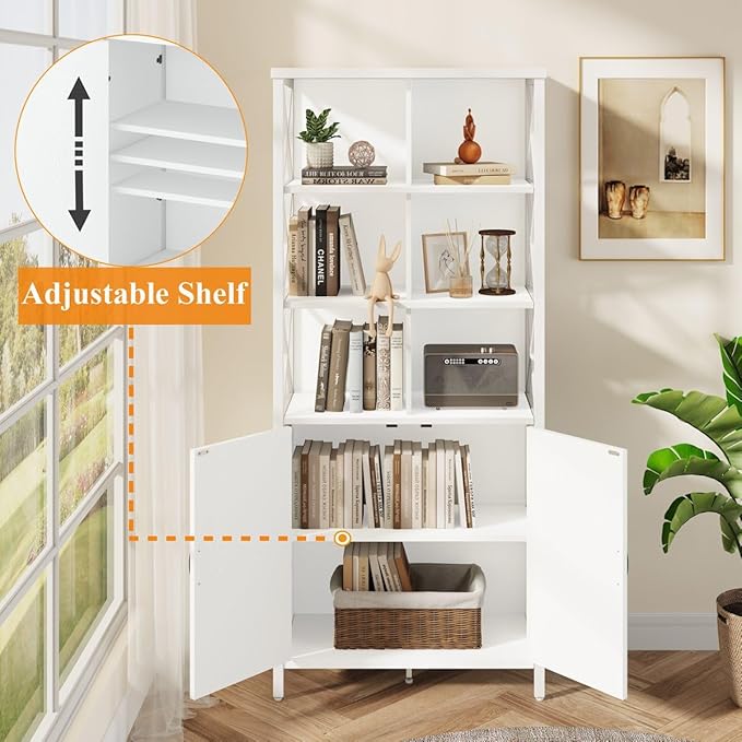 FATORRI Bookshelf with Doors, Modern Tall Bookshelf with Cabinet, Wood Book Shelf and Farmhouse Organizer Storage BookCase for Living Room (White Oak)