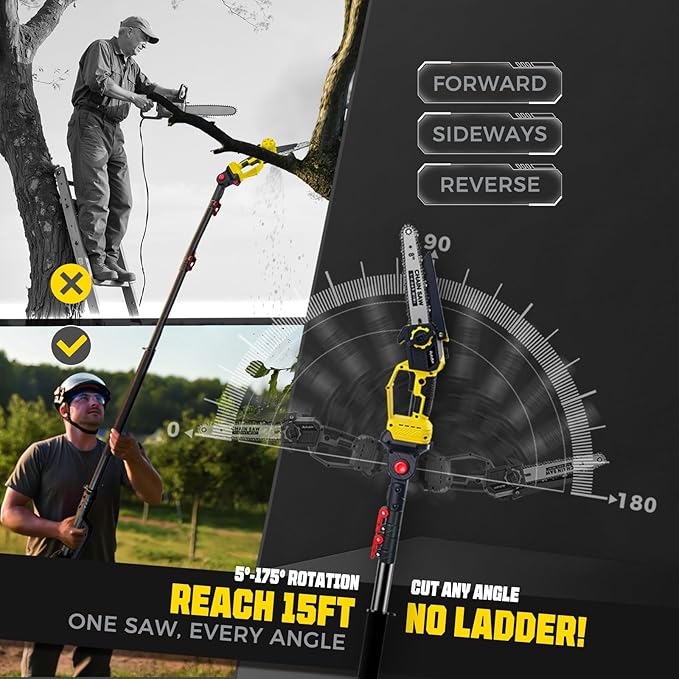 Brushless 2-IN-1 Cordless Pole Saw & Mini Chainsaw, 2× 21V 4.0Ah Batteries Powered 8 Inch Chain, 16-Foot Max Reach & Multi-Angle Electric Pole Saw for Tree Trimming,Tree Trimmer for Branch Cutting.