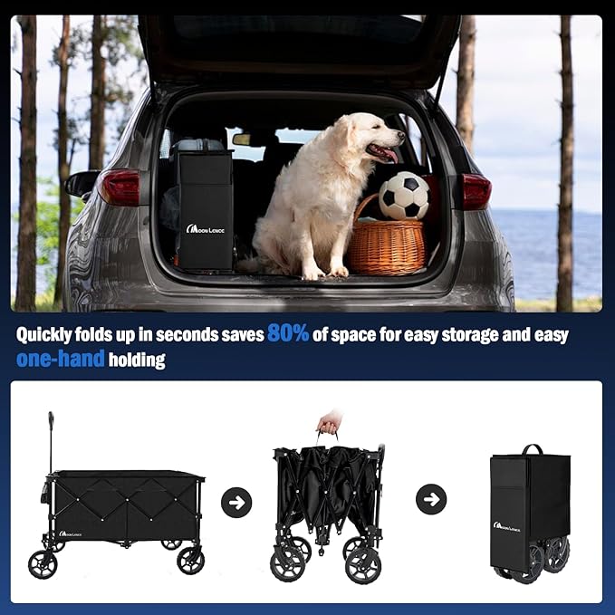 Moon Lence Large Collapsible Folding Wagon Cart Heavy Duty Folding Garden Portable Handy Cart with All-Terrain Beach Wheels, Adjustable Handle & Drink Holders (Black-New)