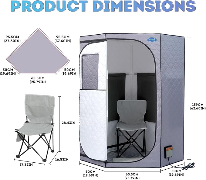 Portable Full Size Infrared Sauna for Home,Pentagonal Size Far Infrared Sauna,One Person Sauna Tent with Heating Foot Pad, Portable Chair, (L38 x W38 x H63, Grey)