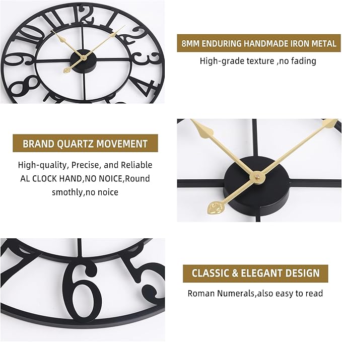 Large Wall Clock For Living Room Decor - 80cm/ 32 Inches Nearly Silent Non-Ticking Metal Wall Clocks Battery Operated, Vintage Decorative Modern Wall Clock For Bedroom, Office, Farmhouse Decor