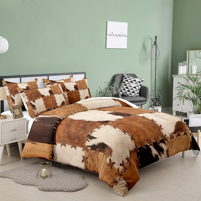 Tailor Shop Brown Cow Print Comforter Set King, Farmhouse Cow Print Bedding in A Bag, Leather Stitching Rustic Cowhide Comforter with 2 Matching Pillowcases Bedroom Decor……