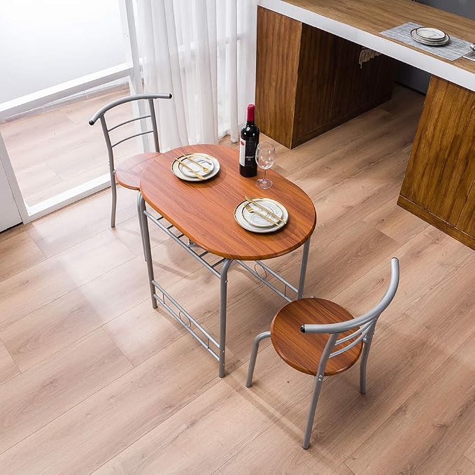 VINGLI 3 Piece Dining Set, Small Kitchen Table Set for 2, Breakfast Table Set, Kitchen Wooden Table with 2 Chairs for Small Space/Dining Room/Apartment, Metal Frame, Wine Rack, Russet