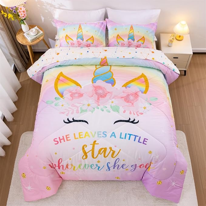 NTBED Unicorn Twin Comforter Set with Sheets,5 Pieces Kids Bedding Sets for Girls, Lightweight Microfiber Star Floral Bed in a Bag, Rainbow