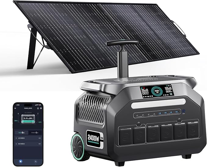 IEE P2400 Portable Power Station with 1x200W Solar Panel,2400W AC Outlet(Peak 5000W),1800W 1.2H Fast Charge,2048WH Lifepo4 Battery,Below 30DB Solar,5-8MS EPS Switch,Power Generator for Home Backup,RV.